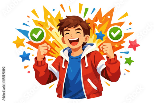 Excited caucasian teen celebrating success with check marks and colorful stars