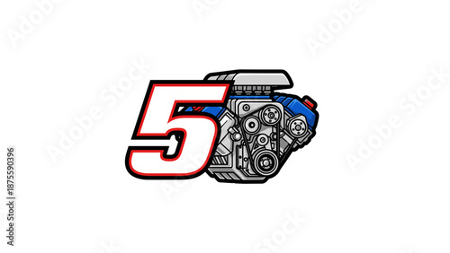 Number 5 with Supercharged Engine - Racing Power Automotive Icon.