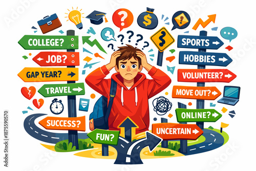 Confused young male facing life choices: education, career, and future decisions
