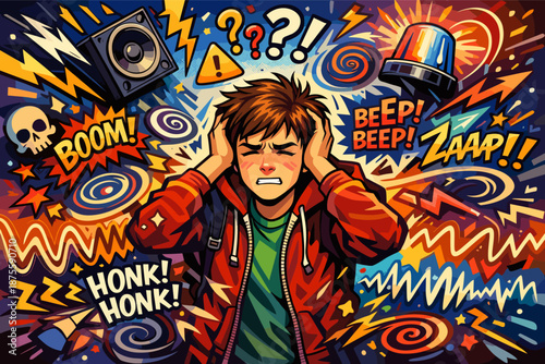 Young male overwhelmed by noise and chaos with comic style effects