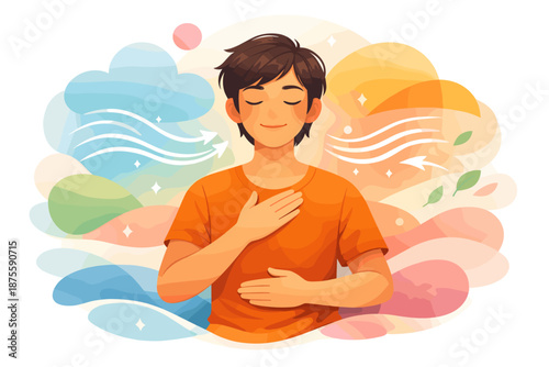 Young asian male practicing mindfulness meditation with calm and focus