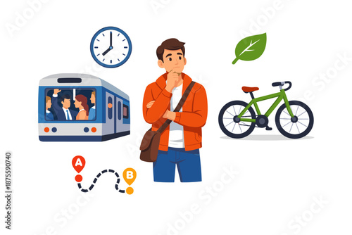 Young caucasian male choosing transportation: bike, train, or path with eco-friendly leaf