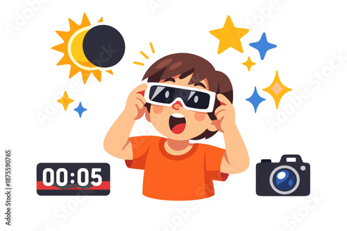 Young caucasian child watching solar eclipse with glasses and camera