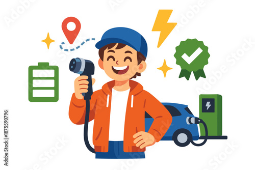 Young caucasian male charging electric car enthusiastically with icons and symbols
