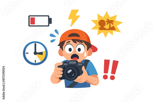 Young cartoon photographer shocked by low battery and missed beach shot