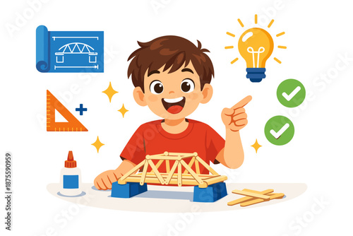 Creative caucasian child building popsicle stick bridge in educational setting