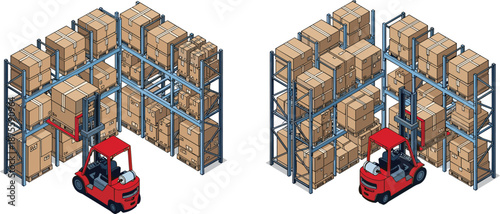 Isometric warehouse storage illustration featuring red forklift loading cardboard boxes on metal industrial racks for logistics, supply chain management, and distribution center concepts.