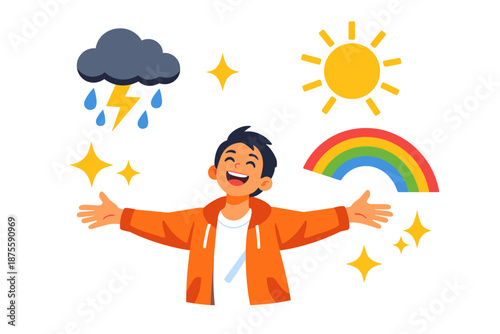 Happy asian child in orange jacket embracing weather elements with joy