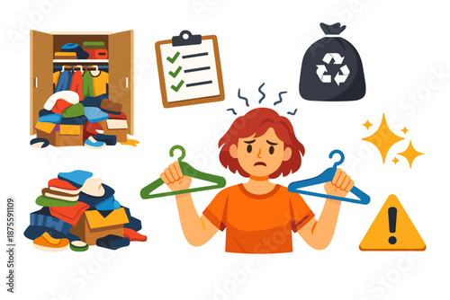 Young caucasian female sorting clothes for recycling and organizing wardrobe