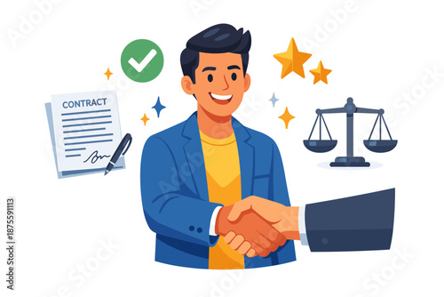 Young asian male businessman shaking hands, contract agreement, justice balance, success