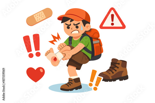 Injured child hiker with sore foot and bandage cartoon illustration