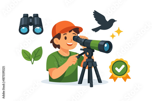 Young caucasian male birdwatcher observing with telescope and binoculars in nature