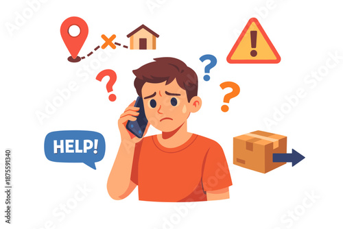 Confused young male talking on phone with delivery issues and location symbols