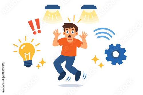 Surprised young caucasian male cartoon character with lightbulb and gear icons
