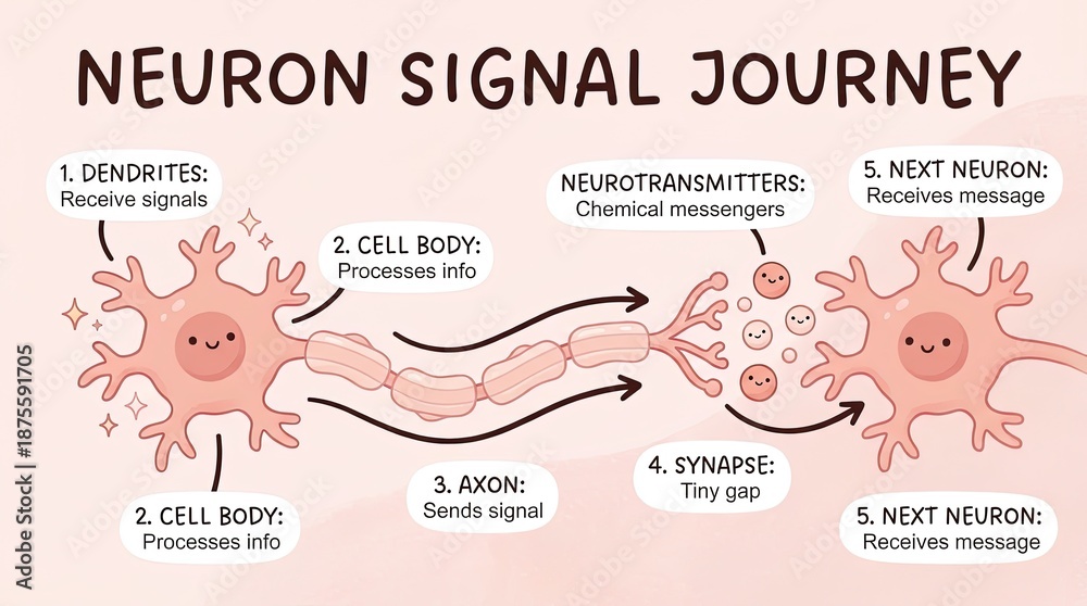 Obraz premium An illustrative educational diagram illustrating the neuron signal journey. A simple, cartoonish depiction of the structure and function of neurons, ideal for educational purposes. 