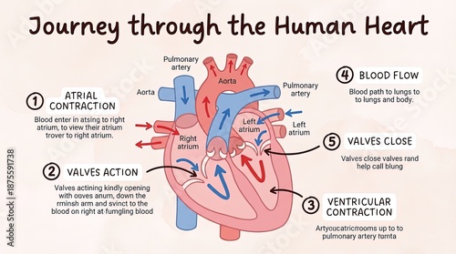 Anatomy of the Human Heart, a detailed infographic showing the blood flow and mechanics of the heart