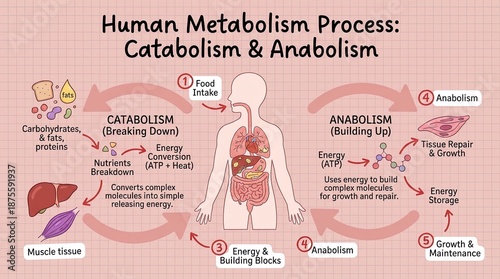 Visual guide outlining the intricate processes of human metabolism, depicting catabolism and anabolism in a clear, educational style.