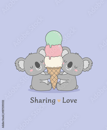 Two cute gray koalas sharing a large ice cream cone with three colorful scoops with text sharing love on a purple background for kids
