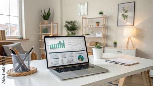 A modern laptop displaying a digital marketing dashboard with charts and analytics on a clean desk in a bright office with plants and natural light.