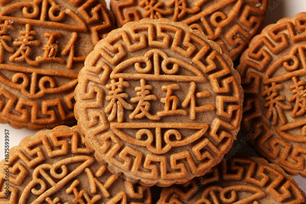 Obraz premium Traditional Handmade Mooncakes with Embossed Chinese Characters