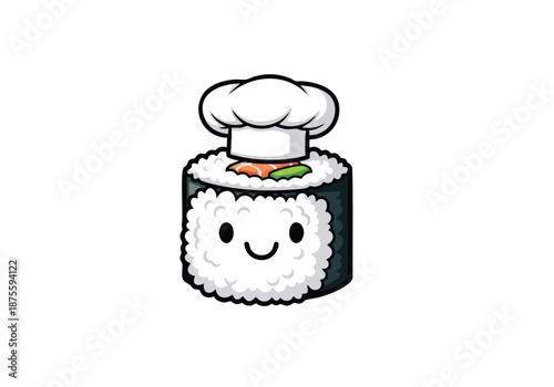 Cartoon sushi roll with a smiling face and a chef's hat on top against a plain white background.