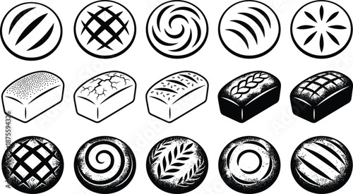 PrintArtisanal bread loaf and bun silhouette set featuring sourdough, wheat, rye, and pastry icons for bakery branding, menus, and culinary designs