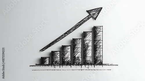 手描き風の棒グラフと上向き矢印で成長や業績向上を示すビジネス表現
