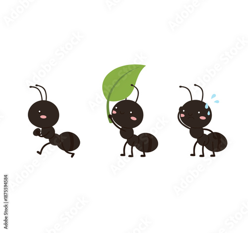 Set of Three Cute Black Ants Carrying Leaf and Working Hard, Garden Insect Characters Collection, Teamwork and Hard Work Concept Illustration