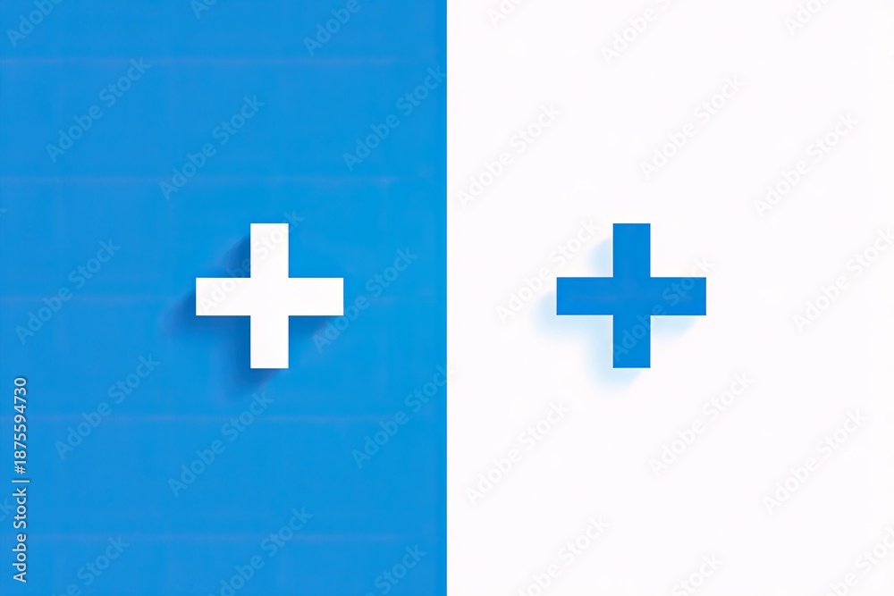 Fototapeta premium Two plus signs, one white, one blue, against a color-blocked backdrop of blue and white