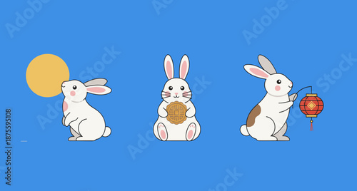 Set of three cute white rabbits with moon mooncake and lantern, Mid-Autumn Festival concept flat cartoon vector illustration for celebration