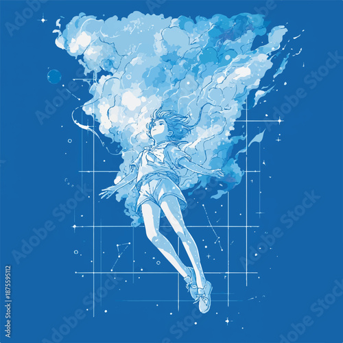 Creative T-Shirt Design Vector Illustration of a Girl Falling from the Sky, Surreal Art Style