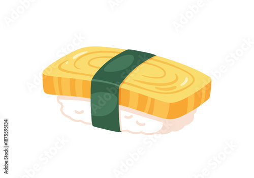 Flat lay illustration of a sushi roll with green seaweed on a plain white background.
