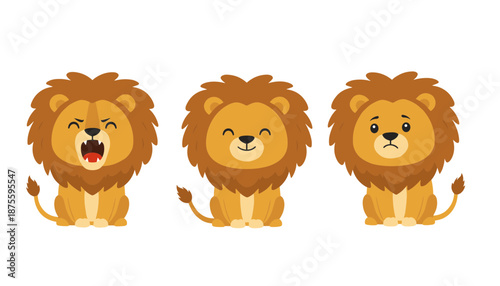 Lion character head expression set showing angry roaring happy smiling and sad crying faces flat cartoon vector illustration isolated