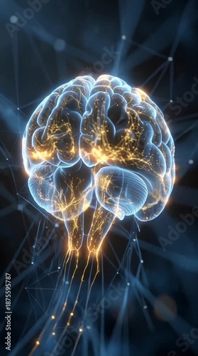 a glowing brain with bright yellow lights and a dark background showing neural connections and activity in the human mind