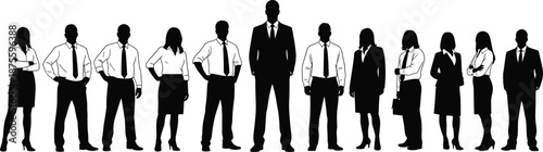 Silhouette of large business team standing together in a row, corporate group, professional men and women in suits, isolated,