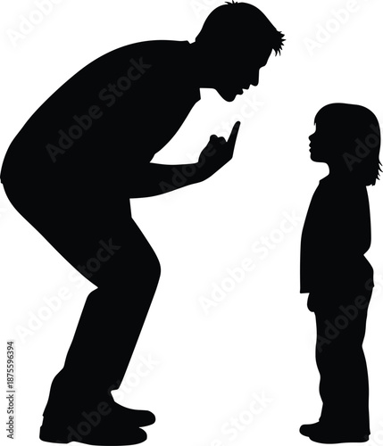 Silhouette of father scolding child, parent disciplining little girl with finger up, upbringing, family conflict, childhood education, social behavior, isolated,