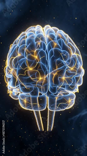 a digital illustration of a human brain with glowing neural connections on a dark background with yellow lights high quality