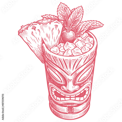 A tropical tiki cocktail in a carved ceramic mug, garnished with pineapple, cherry, and mint. Hand-drawn vector illustration in a vintage engraving style.