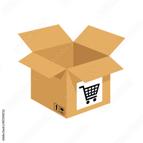 Brown cardboard box with shopping cart label and open flaps package delivery shipping vector illustration isolated on white background.