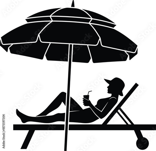Black silhouette of a woman relaxing on a beach lounge chair under a sun umbrella holding a summer drink on a white background