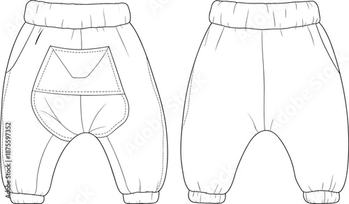 Baby harem pants technical flat sketch front back view kids apparel design template vector illustration clothing manufacturing artwork