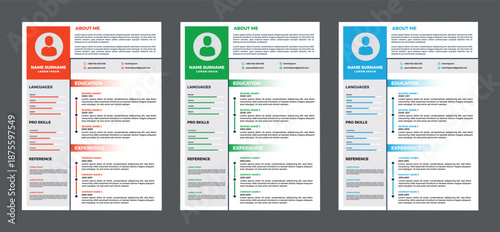 Three modern clean minimalist CV resume templates with different color schemes