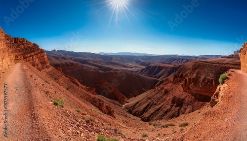 Expansive Panorama Of A Dramatic Rugged Canyon Landscape In The Moroccan Atlas Mountains Featuring Dry Red Orange Earth And Distant Layered Mountain Ridges