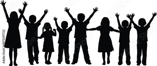 Black Silhouette of Happy Children Cheering with Hands Raised for School Success Youth Celebration Physical Education Class Joyful Childhood Play and Healthy Active Lifestyle Concept