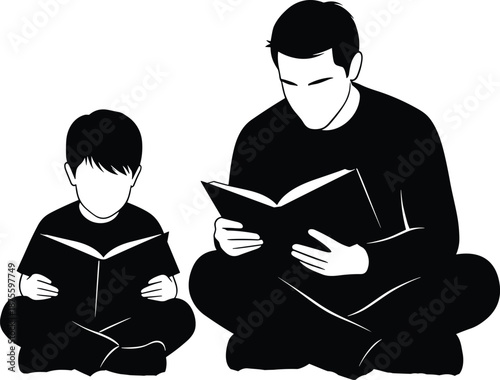 Black Silhouette of Father and Son Sitting and Reading Books for Early Childhood Literacy Paternal Bonding Homeschooling Education Family Learning Time and Knowledge Growth Concept