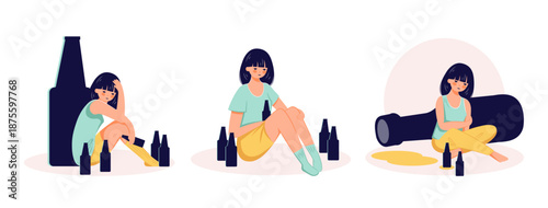 Alcohol abuse addiction concept hand drawn drunk woman illustration