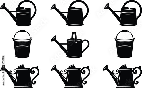 PrintCollection of Gardening Watering Can and Bucket Silhouettes Featuring Classic and Ornate Designs Isolated on White for Horticulture Graphic Projects