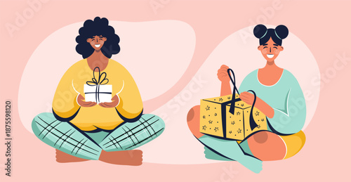 Happy woman wit gift boxes. Preparing for holidays. Cartoon vector illustration.