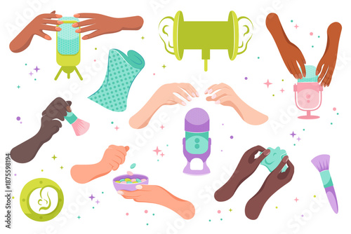 Set equipment for making asmr content.  Asmr content creating blogging.