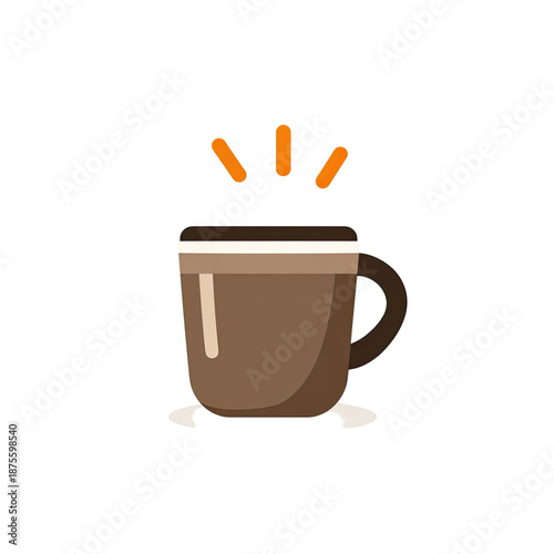 A cartoon coffee cup emits heat rays on a black background, with white spillage at the base